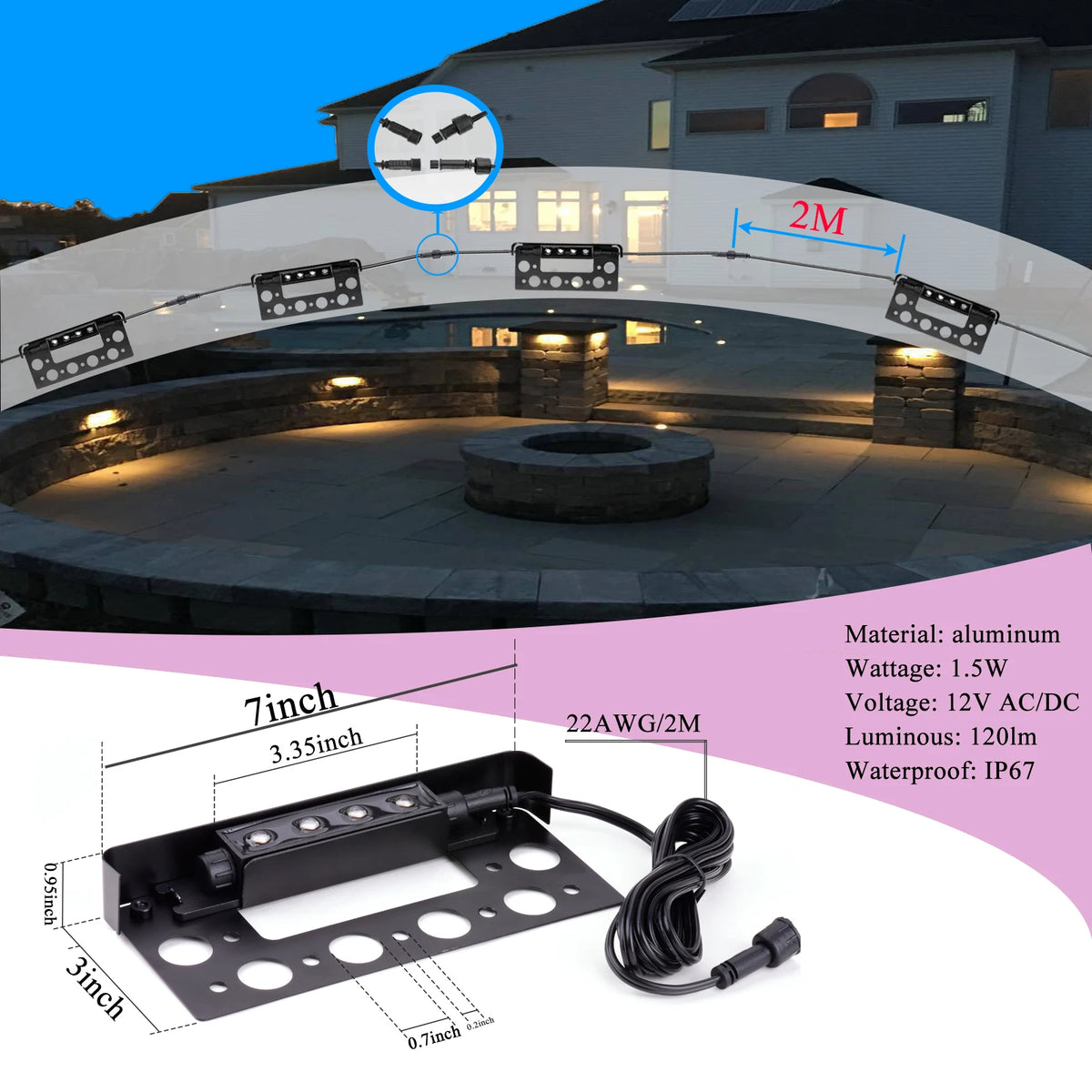 7 Inch LED Hardscape Lights,Retaining Wall Lighting,Low Voltage Paver Lamps,AC/DC 12V IP67 Waterproof 1.5W Outdoor Step Lights